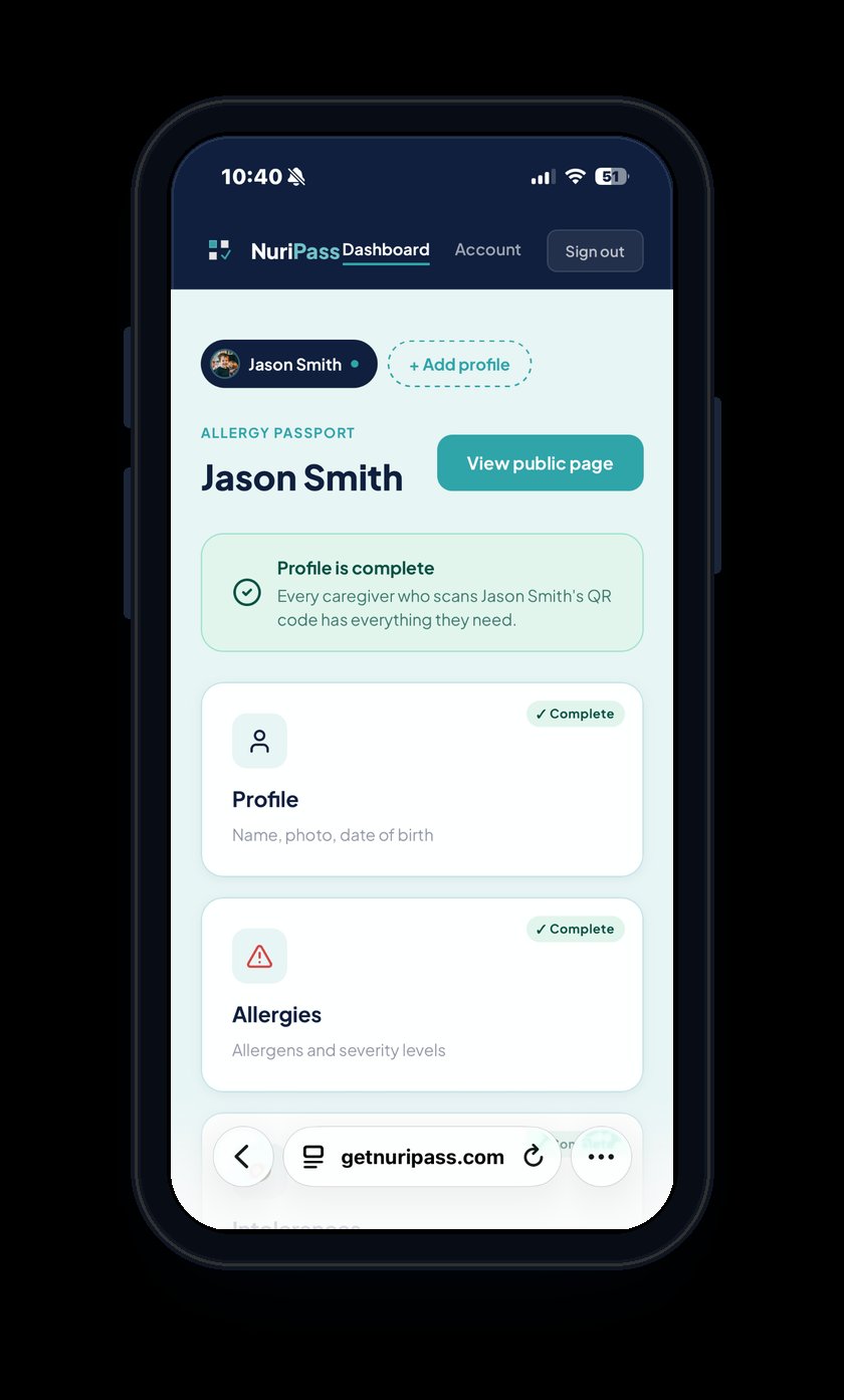 NuriPass dashboard showing Jason Smith's complete allergy passport